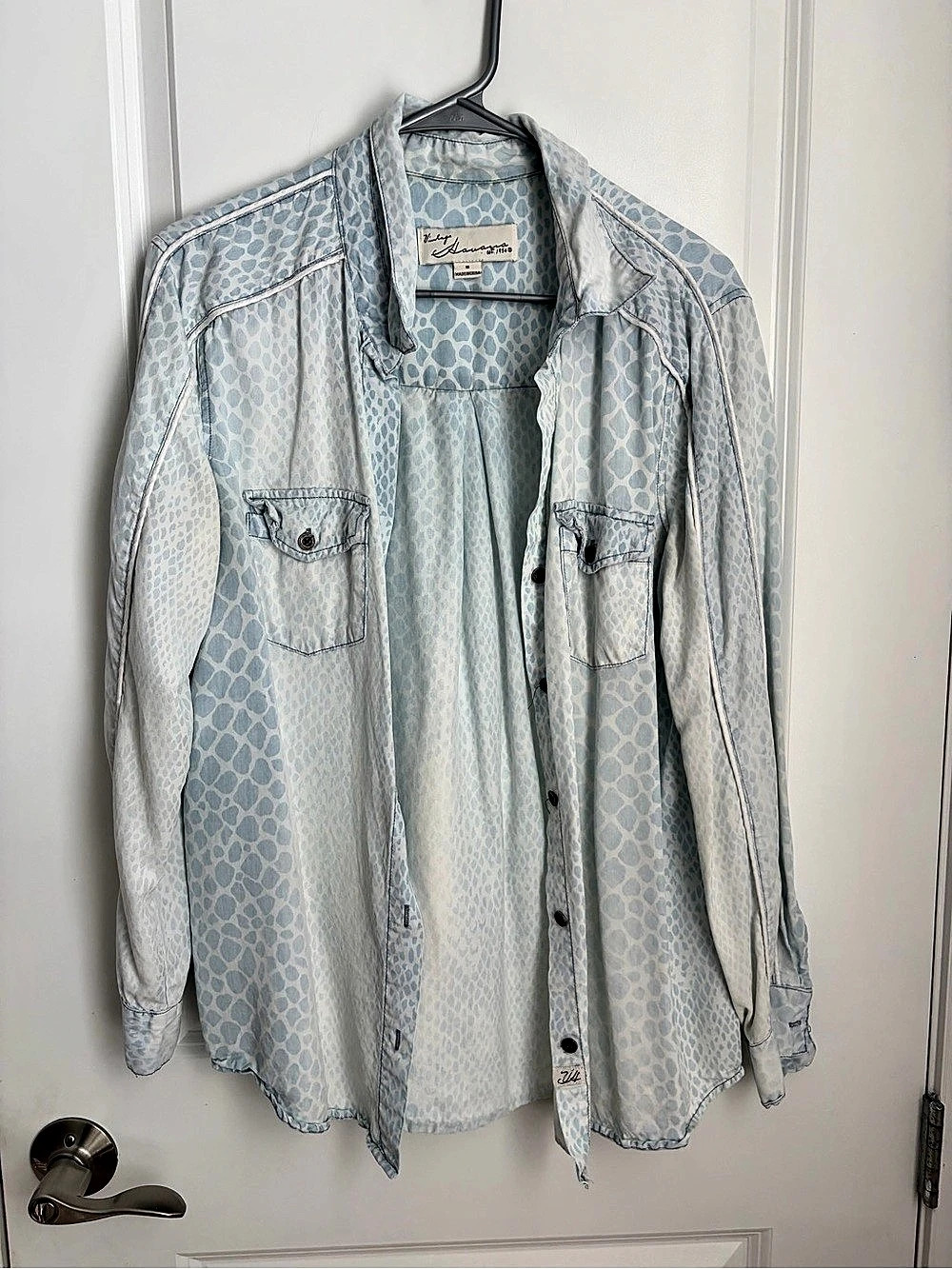 Vintage Havana Button Front Shirt Blue & White Animal Print Size Small